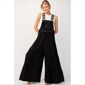 eesome Black Wide-Leg Embroidered-Strap Jumpsuit